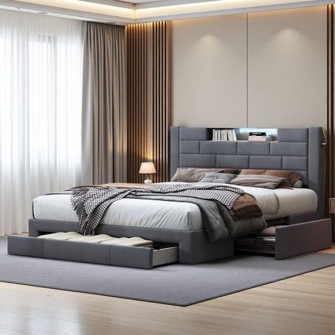 Cama Doble 160x200 - Cofre con Cajones - Iluminación RGB - Terciopelo Gris - 2 Plazas