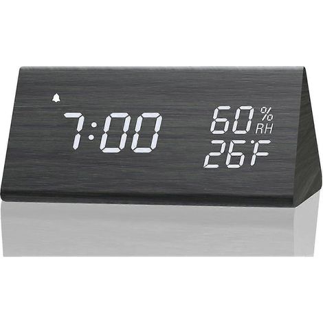 Réveil en bois avec affichage électronique LED de l'heure, 3 alarmes, détection d'humidité et de température, horloge électrique en bois pour chambre à coucher. (1/5)