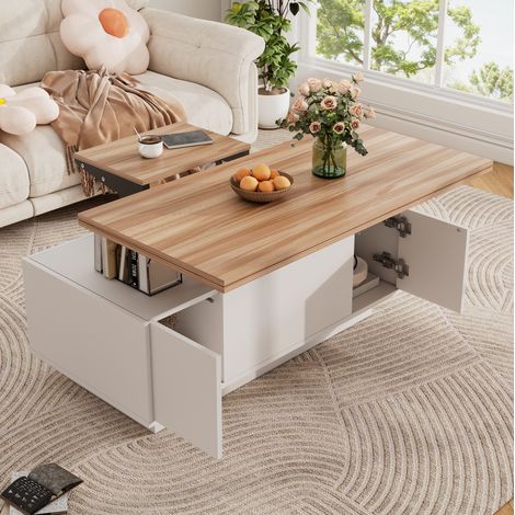 Table basse relevable 100x50x55.5 cm blanche en panneau de particules avec rangement caché et double plateau (1/5)