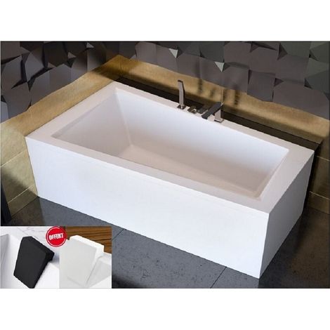 Otitec – Baignoire d'angle asymétrique gauche 150x86 cm – Acrylique blanc résistant aux chocs – Tablier et repose-tête inclus