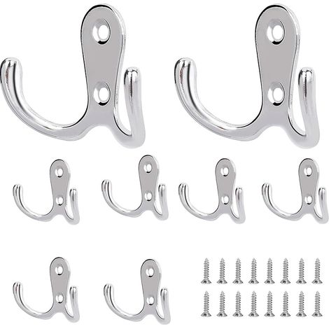 Lot de 8 Double Crochet de Manteau Crochets Muraux à Double Broche avec vis assorties Crochet de Manteau Rétro Argent pour étagères, Tiroirs, Bain, Crochet de Chambre et Décoratio (1/5)