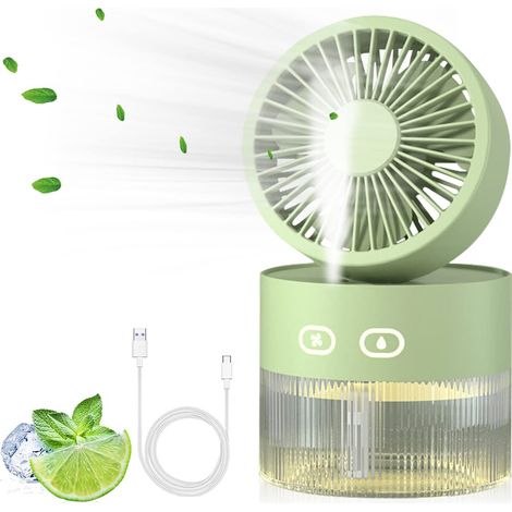 Ventilateur de table 3 en 1 USB rechargeable avec humidificateur 350ml et LED, mini ventilateur pour maison,Vert (1/5)