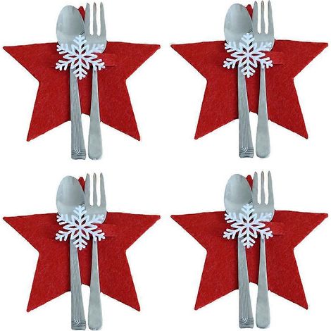 4er-Set Besteckaufbewahrungstaschen mit rotem Stern, weihnachtliche Gabel- und Messerhalter, tragbarer Tischorganizer, Tischdekoration für Partys