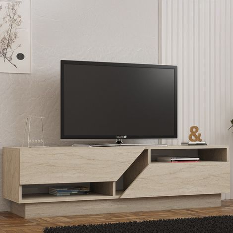 Mueble TV Spilinga, 2 Estantes, 2 Puertas, 5 Compartimentos, 160x40x45h cm Beige Mármol (1/5)