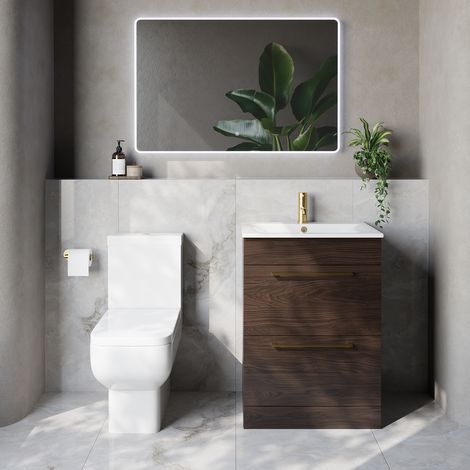 Napoli 460 Brown Oak 600mm 2 Drawer Vanity Unit and Tacoma Comfort Height Toilet Suite with Angel Basin - 600mm - Brushed Brass 320mm Handle