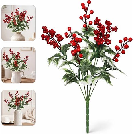 Lot de 2 tiges sapin artificiel baies rouges 64 cm, deco sapin couronne vase arrangement (1/5)