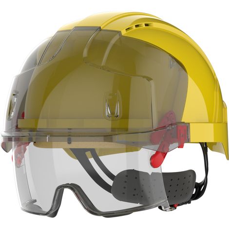 Casque de Chantier Sur-Lunette JSP EVO VISTAlens Ventile - Visière Fumee Retractable - Harnais Cremaillère - Jaune - EN397/EN166 (1/2)