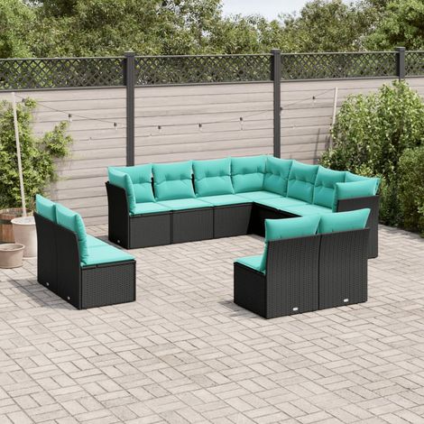 11-teiliges Gartensofa-Set mit Kissen, schwarzes Polyrattan (1/5)