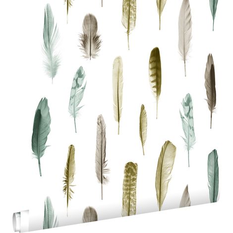 papier peint plumes jaune ocre, marron et vert grisé - ESTAhome