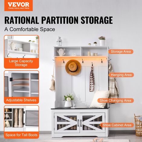 Porte-Manteau en Bois, Meuble d’Entrée avec Banc et Rangement pour Chaussures, Support Manteau sur Pied, Vestiaire avec Étagères Ré… (1/5)