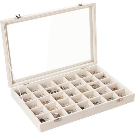 plateau de bijoux velours 35 compartiments avec couvercle en verre transparent boîte de rangement boucles d'oreilles bagues bracelets pour femmes beige (1/5)