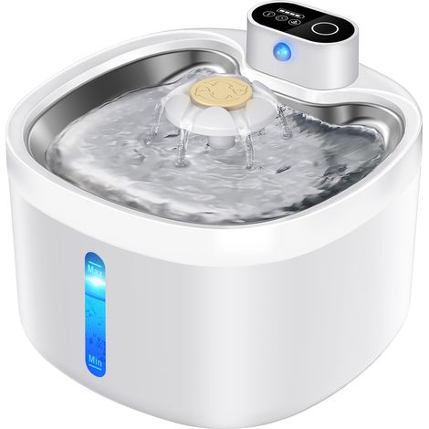 1 Fontaine à eau sans fil, Acier inoxydable 304, Capteur de mouvement, 3 modes, Fenêtre niveau, 2,6 L, Chat Chien (1/5)