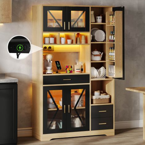 Mobile da cucina in stile rustico, mobile alto per riporre e mostrare oggetti, con ripiani regolabili, cassetto, illuminazione a LED a colori variabili e prese elettriche, 185 × 105 × 40 cm.