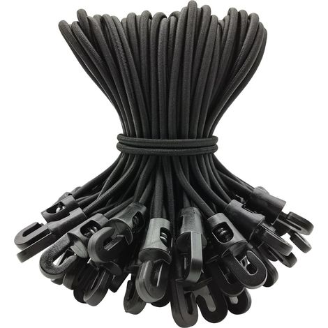 Lot de 50 cordes élastiques de 25 cm avec crochets - Mini cordons élastiques - Sangles d'arrimage en latex pour moto et camping - Noir (1/5)