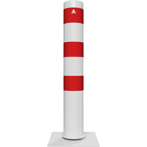 Schake Stahlrohrpoller neigbar mit Dübelplatte aus Stahlrohr verzinkt Ø152x3,2mm weiß beschichtet und rot reflektierenden Leuchtstreifen 1000mm Gesamtlänge