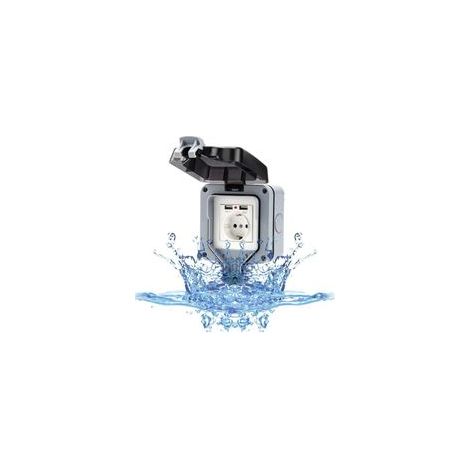 Prise murale extérieure avec prise USB pour l'extérieur, prise étanche IP66, prise de jardin, montage en saillie, contact de protection pour pièces humides, extérieur avec clapet
