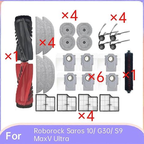 Lot de 25 pièces pour aspirateur robot Roborock Saros 10/G30/S9 MaxV Ultra : brosse latérale, rouleau, filtre HEPA, lingette de nettoyage et sac à poussière. (1/5)
