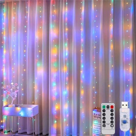 Rideaux lumineux à LED,3m x 2 m alimentées par USB, 8 modes, 200led,guirlandes lumineuses étanches avec télécommande pour fenêtre, mur, jardin, fête, (Multicolore) (1/5)