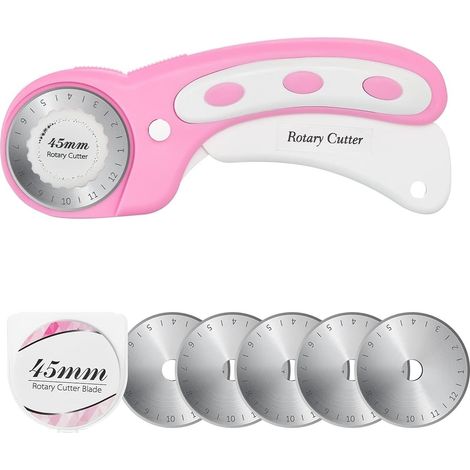 Cutter rotatif 45 mm avec 5 lames supplémentaires, poignée ergonomique avec verrouillage de sécurité pour tissu, cuir, travaux manuels, couture, courtepointe, coupe rotative en tissu (rose) (1/5)