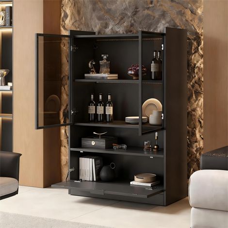 Vitrine de salon avec éclairage LED H120 x L80 x P35 cm, buffet haut moderne et meuble de rangement en verre, bois et verre trempé, Noir (1/5)