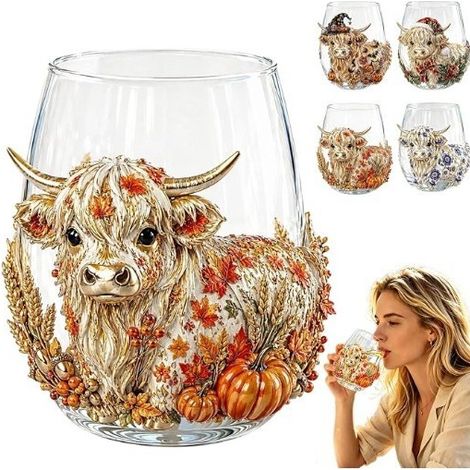Neue Highland Cow Glaswaren - Weinglas mit Highland Cow Muster - Stil B -