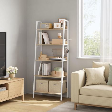 WOLTU Libreria a 5 Livelli, Mensole con Struttura in Metallo, Libreria a Scaletta in Legno per Soggiorno, Cucina, Ufficio, Rovere Chiaro + Bianco (1/5)