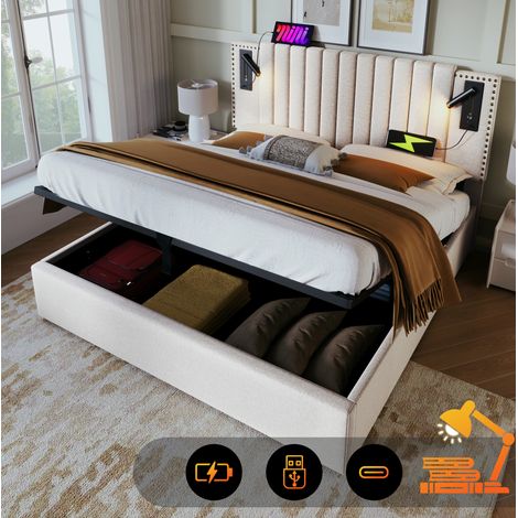 Letto contenitore 180x200 cm in cotone beige, testiera regolabile, USB/Type-C (1/5)