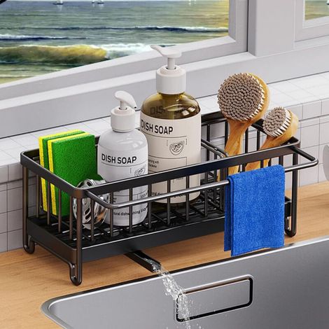 Porte Eponge Evier Cuisine, Organisateur d'évier Support Eponge evier Cuisine, Bac de récupération Amovible, Séparateur Amovible avec Porte-Serviettes, Rangement et Organisation de Cuisine