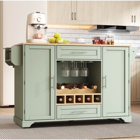 Carro de cocina (138x45(70)x92 cm), encimera abatible, almacenamiento para vino, MDF, verde antiguo (1/5)