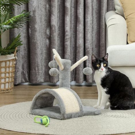 Arbre à chat 40 cm, petite tour avec grotte, 2 balles, tapis à griffer, arbre à chat, pour chats de toutes tailles, gris clair (1/5)