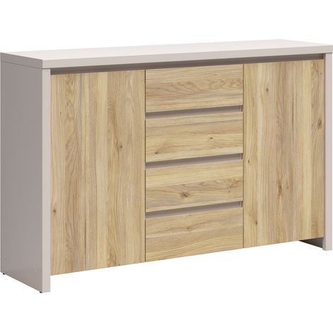Commode meuble de rangement 2 portes et 4 tiroirs coloris Cachemire / chêne mauvella - Longueur 144 x Profondeur 40,5 x Hauteur 92 cm (1/2)