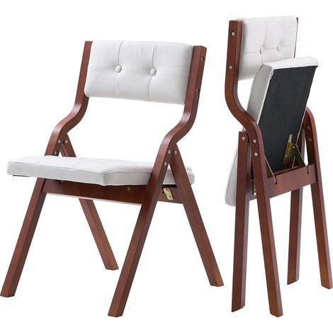 Chaise pliante en bois avec coussin, lot de 2, chaise de salle à manger portable rembourrée moderne avec coussin d'assise pliable, pour cuisine, bureau, mariage, fête, montage facile, blanc (1/5)