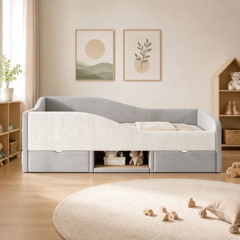 Letto imbottito per bambini 90x190 cm grigio con 2 cassetti e sponde in velluto (1/5)
