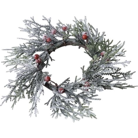 Couronne Pour Bougie De Noël - Couronne En Feuillage Artificiel En Cèdre Avec Baies Rouges Et Neige Flockée - 20 cm - Décoration De Table Festive (1/5)