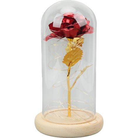 Rose dorée sous cloche avec lumière LED - Cadeau romantique pour la Saint-Valentin, symbole d'amour et de chance (1/5)