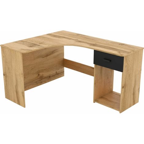 Mesa de ordenador esquinera Austin 303, Roble wotan + Negro, Rectangular, Número de puertas: 0, Número de cajones: 1, 75x155x125cm (1/5)