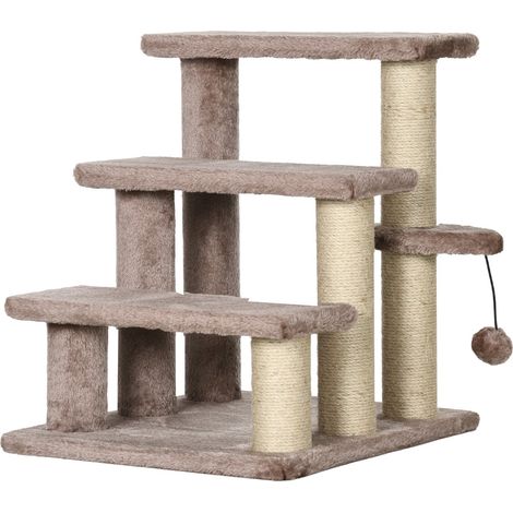 Katzentreppe, Tiertreppe für Katzen, Hundetreppe, 3 Stufen, mit Kratzsäulen, Spielball, Plüsch, Braun, 45x40x48cm