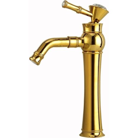 Robinet de cuisine en cuivre pur, poignée en cristal doré, mitigeur de lavabo salle de bain, robinet mélangeur en laiton antique, finition or poli, eau chaude et froide, style rétro. (1/5)