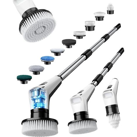 Brosse Nettoyage Électrique avec 9 Têtes, Manche Extensible, 3 Vitesses, Étanche IPX8, Batterie de 3000 mAh, Brosse Rotative Nettoyage avec Éclairage LED pour Salle de Bain, Cuisine, Sols (1/5)