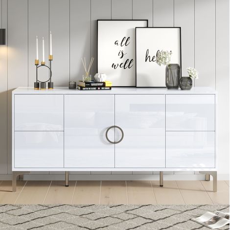 Buffet 150x38x59.5 cm blanc en MDF laqué brillant avec 4 tiroirs sans poignées et 2 portes (1/5)