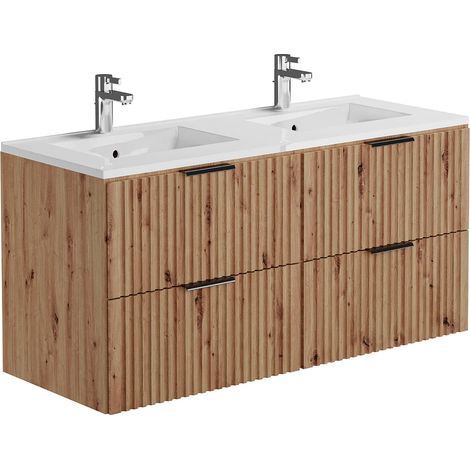 Vente-Unique – Meuble double vasque suspendu strié 120 cm – Vasque à encastrer rectangulaire – 4 tiroirs soft close – Éco-responsable en MDF naturel clair