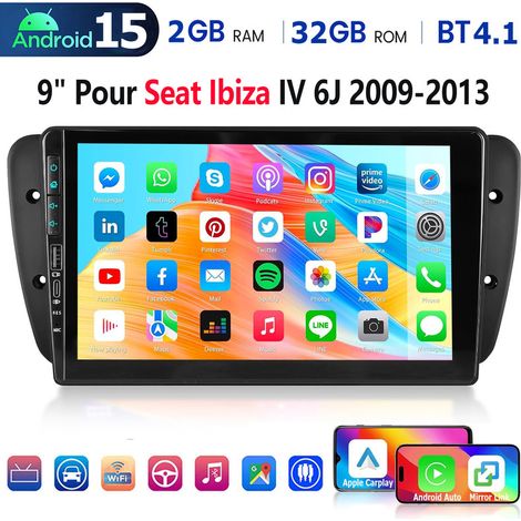 Autoradio Android 15 pouces avec CarPlay pour Seat Ibiza IV 6J (2009-2013) avec navigation, Bluetooth et FM USB Type-C - 2+32G