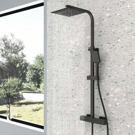 Sistema doccia con termostato, AICA Colonna Doccia Termostatico con Miscelatore, soffione e doccetta Altezza regolabile dopo l'installazione 76-118 cm, Nero