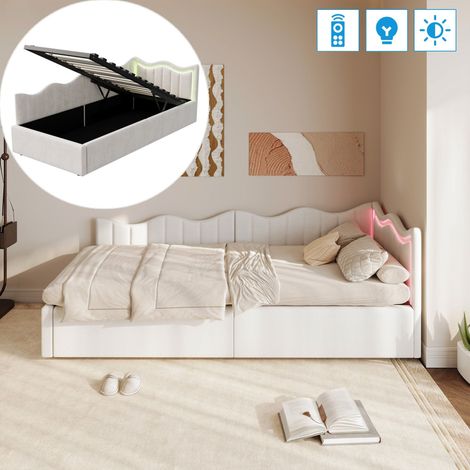 Letto singolo 90x200 cm con spazio di stoccaggio e fascia LED, divano letto, stile scandinavo, letto contenitore in velluto, Beige