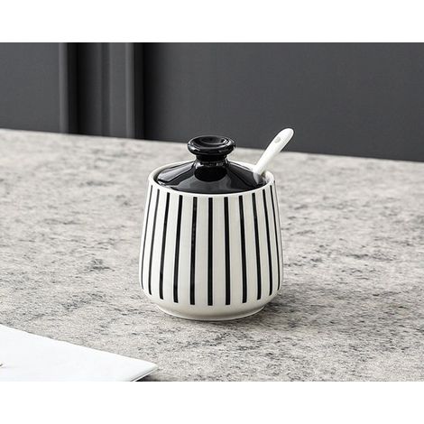 Zuckerdose aus Keramik mit Löffel, schwarz/weiß gemustert, 270 ml Keramiktopf mit Deckel, Küchenaufbewahrung (2 Teile) (1/2)