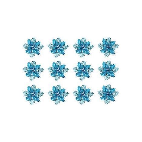 lot de 12 décorations de sapin de Noël : fleurs artificielles creuses en forme de poinsettia à paillettes (bleues) (1/2)