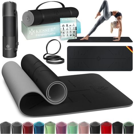 KESSER® Gymnastikmatte mit Tragegurt rutschfest TPE Yogamatte Gepolstert & rutschfest Fitnessmatte 183 x 61 Trainingsmatte für Fitness Sportmatte Schwarz