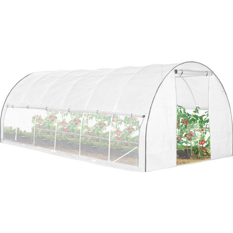 Idmarket – Serre tunnel 18m² blanche relevable avec moustiquaire – Structure en acier galvanisé – Bâche PE 130gr/m² anti-UV – Dimensions 600x300x200cm