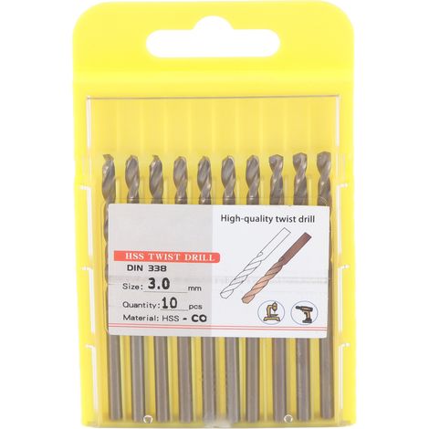 10 Forets Hélicoïdaux à Queue Cylindrique en Acier Rapide HSS pour Perçage Acier Inoxydable et Métal, Diamètre 3mm (1/5)