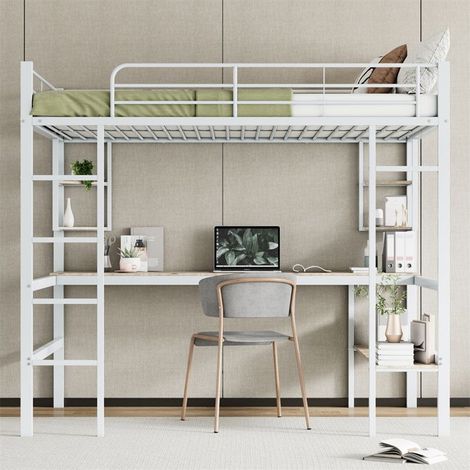 Lit mezzanine métal 140x200 cm avec bureau blanc — cadre + sommier inclus, sans matelas